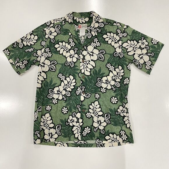 Hilo Hattie Men’s Hawaiian Shirt Green White Hibiscus Print Button Up Size Large - Picture 1 of 6